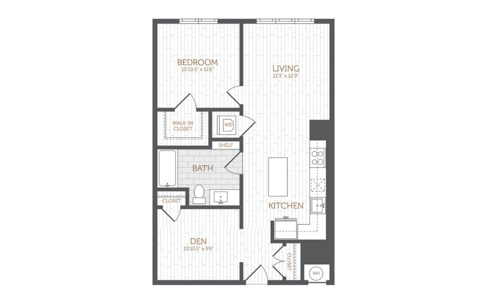 H16 - 1 Bedroom Den floorplan layout with 1 bathroom and 822 - 895 square feet