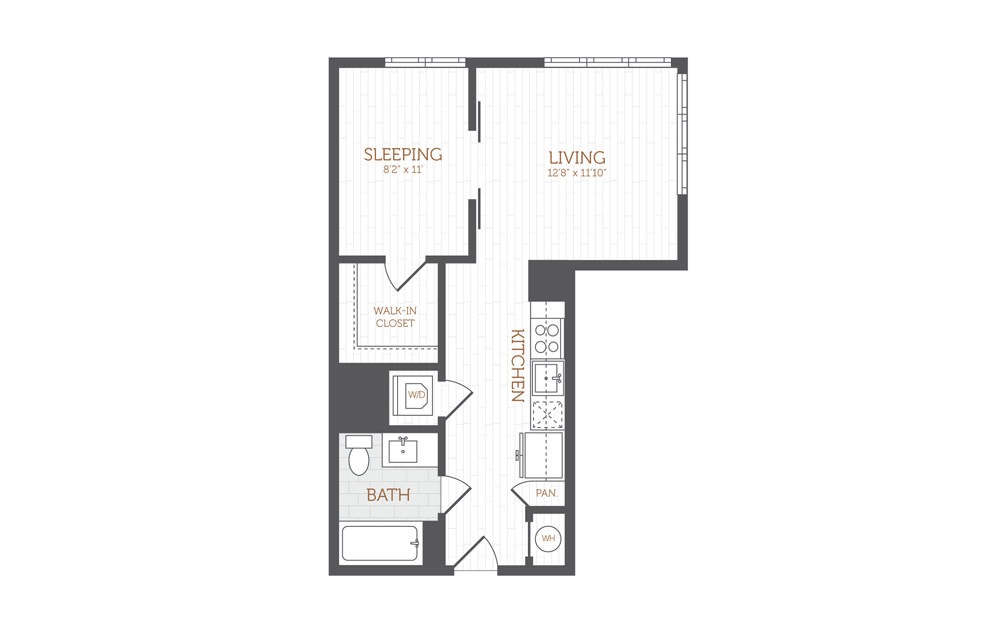 A8 - Studio floorplan layout with 1 bath and 587 square feet.