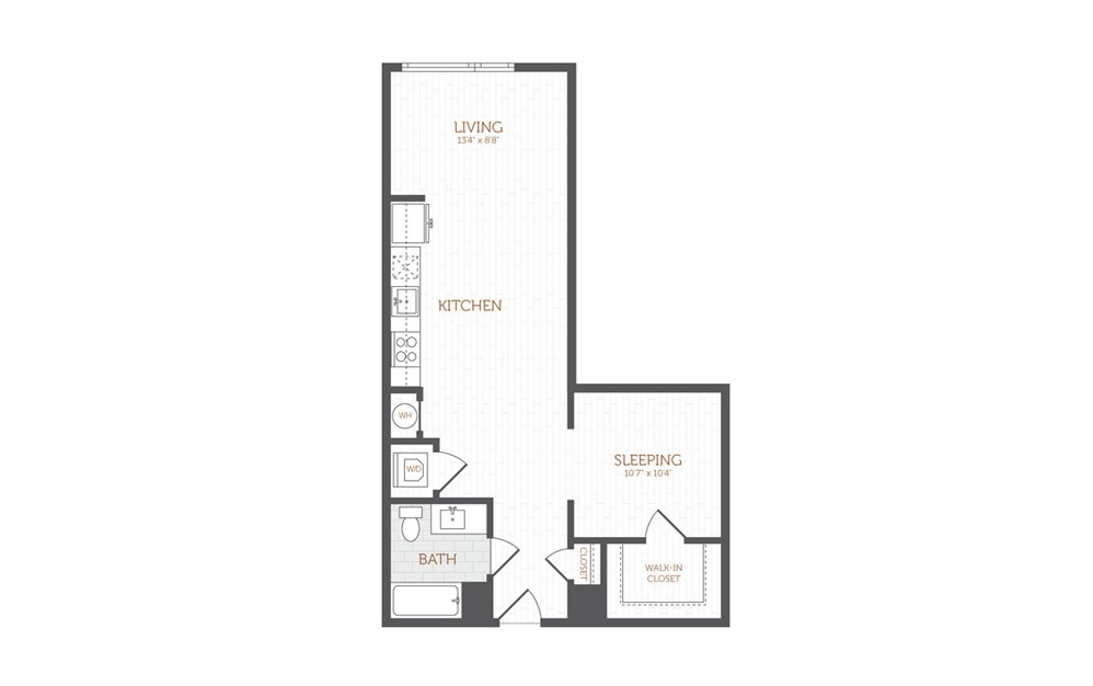 AA1 - Studio floorplan layout with 1 bath and 722 square feet.