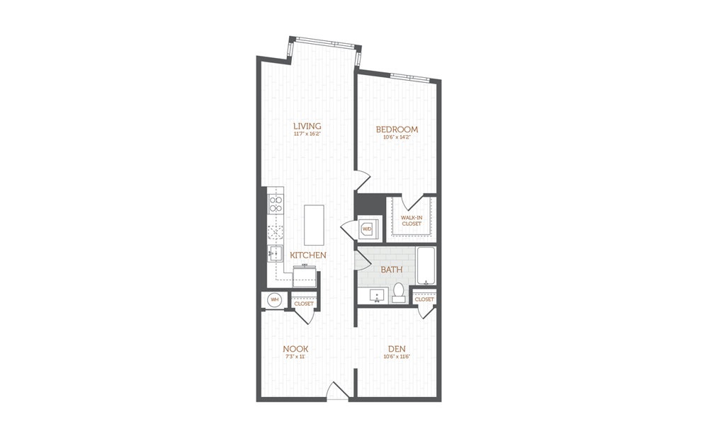 BB13 - 1 Bedroom Den floorplan layout with 1 bath and 1002 to 1030 square feet.