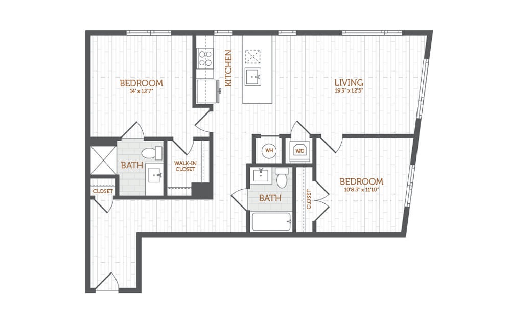 C13 - 2 bedroom floorplan layout with 2 baths and 1105 to 1136 square feet.