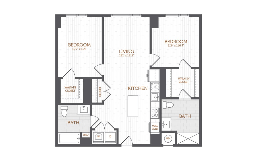 C2 - 2 bedroom floorplan layout with 2 baths and 1128 to 1175 square feet.