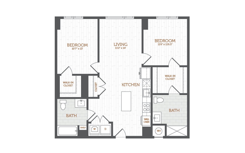 C40a - 2 bedroom floorplan layout with 2 baths and 1115 square feet.