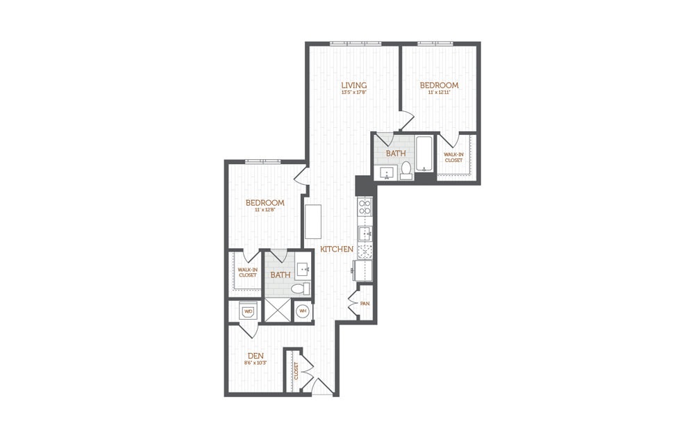 CC2 - 2 Bedroom Den floorplan layout with 2 baths and 1250 to 1275 square feet.
