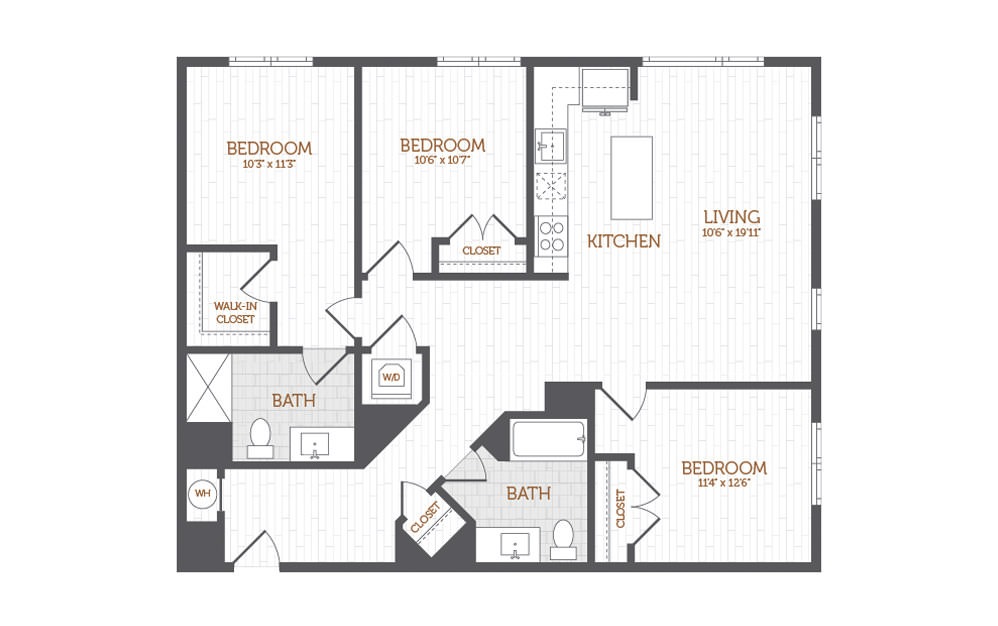 D1 - 3 bedroom floorplan layout with 2 baths and 1320 to 1324 square feet.