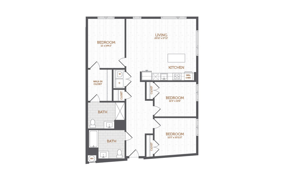 D40 - 3 bedroom floorplan layout with 2 baths and 1419 square feet.